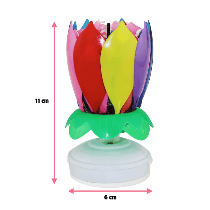 Amazing Musical Birthday Candle – Rainbow Flower Topper with colorful petals and sparkler flame, 11cm tall.