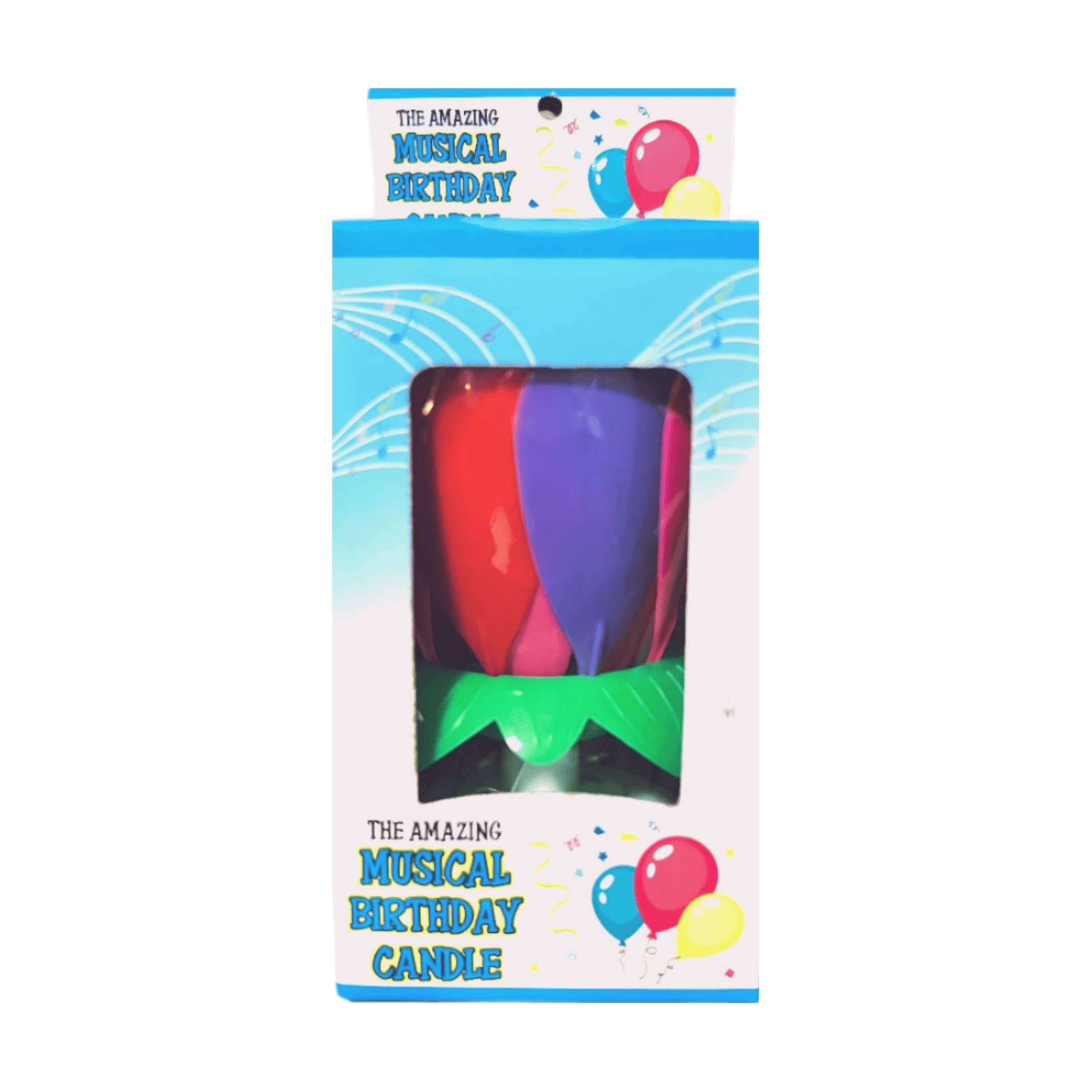 Amazing Musical Birthday Candle – Rainbow Flower Topper in colorful packaging, perfect for festive celebrations.