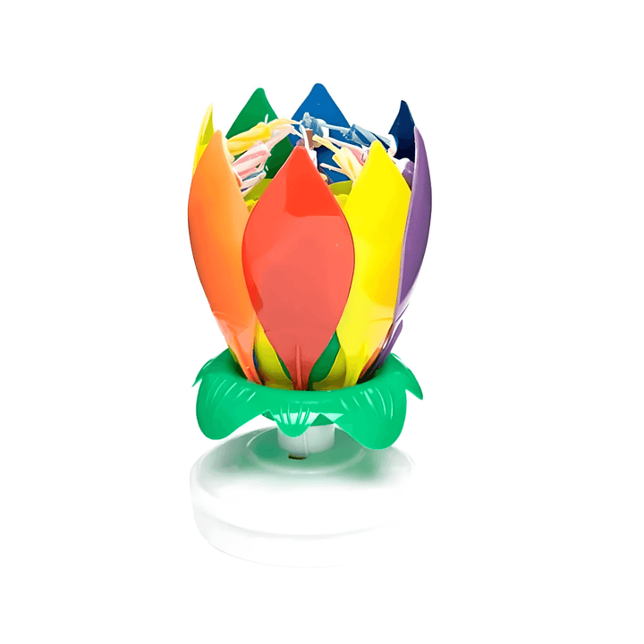 Amazing Musical Birthday Candle – Rainbow Flower Topper with colorful petals and green base for celebrations.