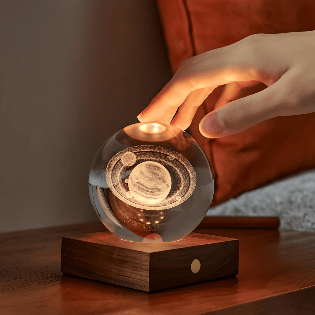 Amber Crystal Light Saturn lamp with laser-engraved design, enhancing decor with elegance and charm.