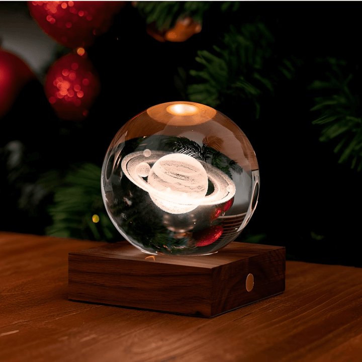 Amber Crystal Light Saturn lamp with laser-engraved Saturn motif, enhancing home decor and symbolizing strength.