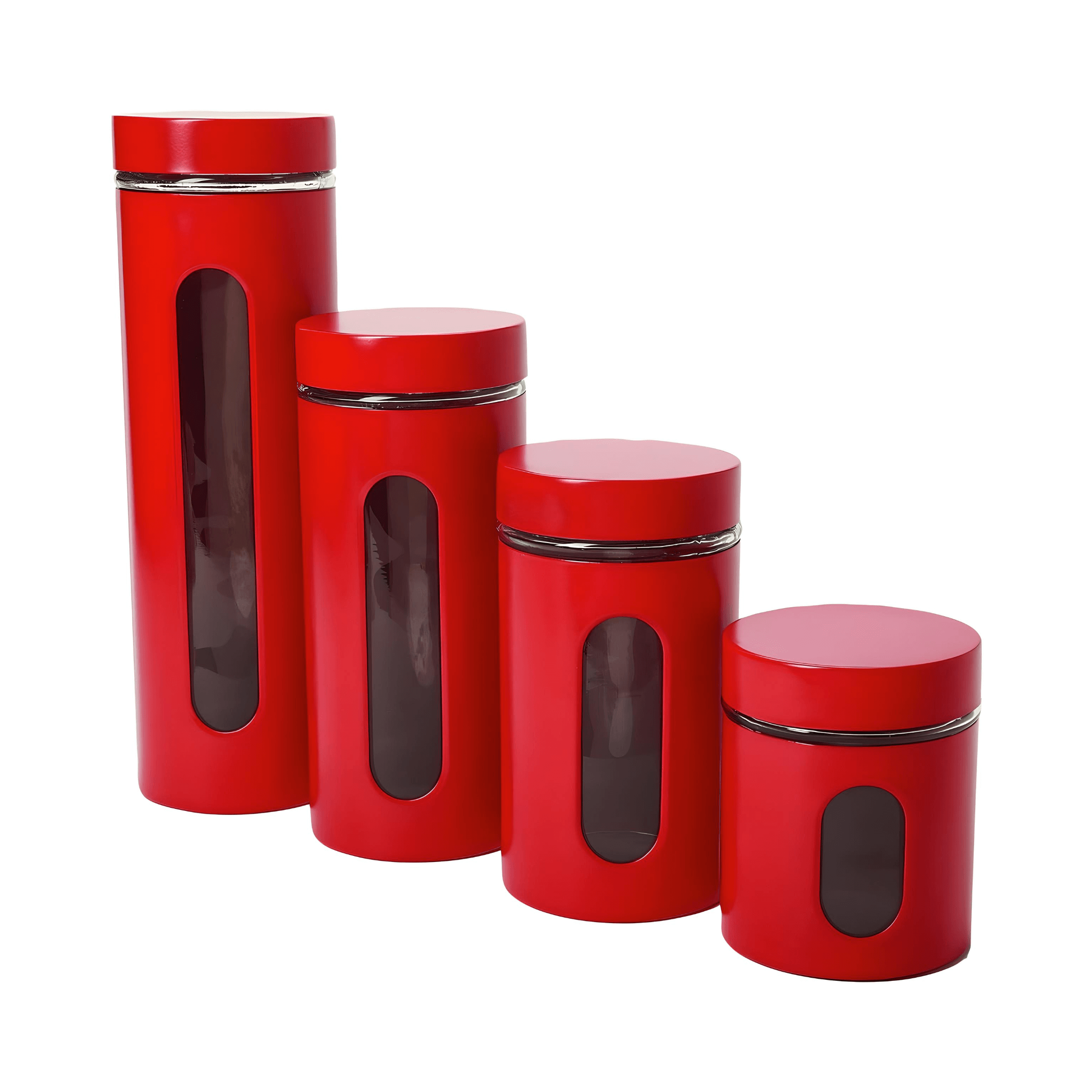 4-piece Anchor Hocking canister set in cherry red with airtight lids for kitchen organization and food storage.