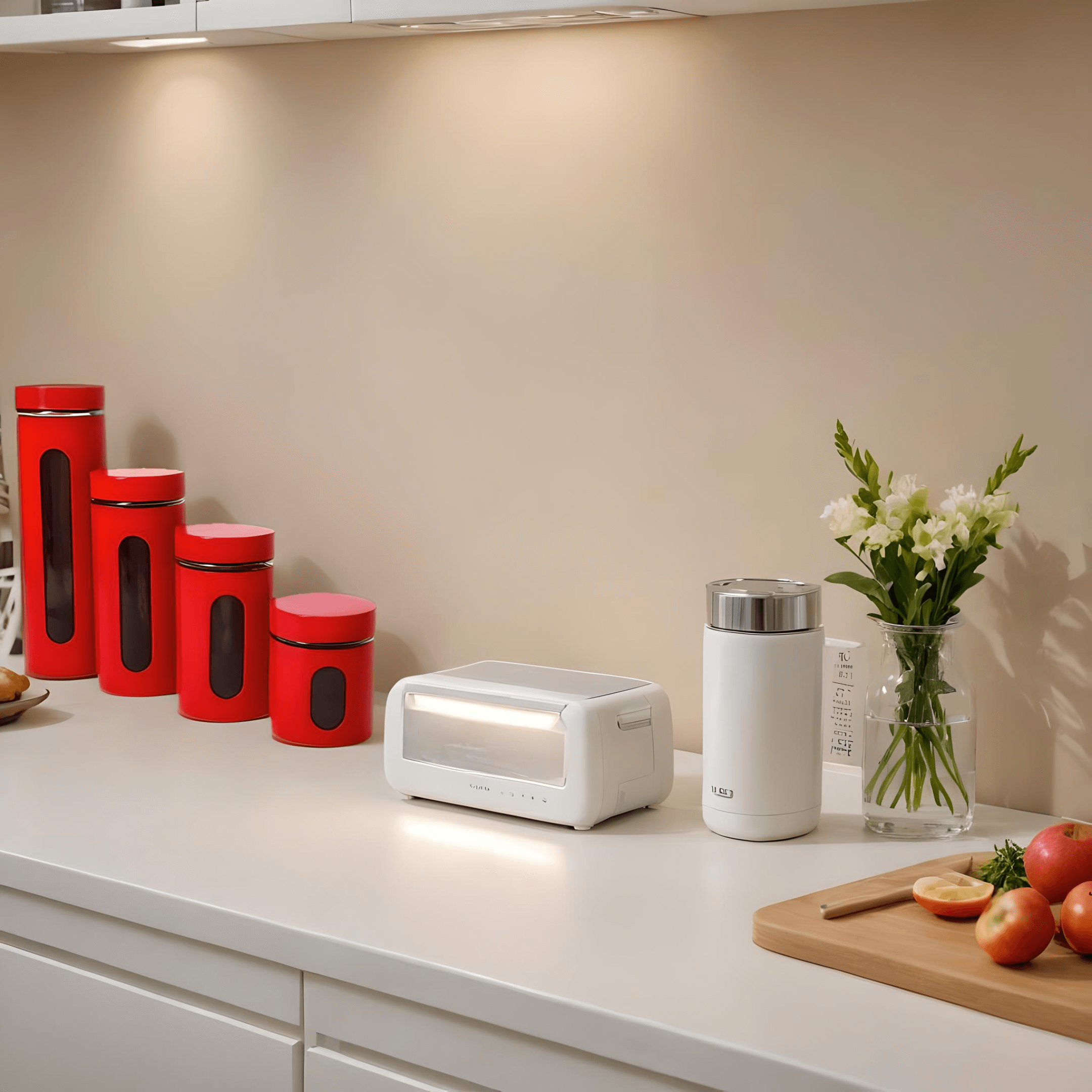 Stylish kitchen scene featuring Anchor Hocking cherry red canister set, toaster, and fresh produce on white countertop.