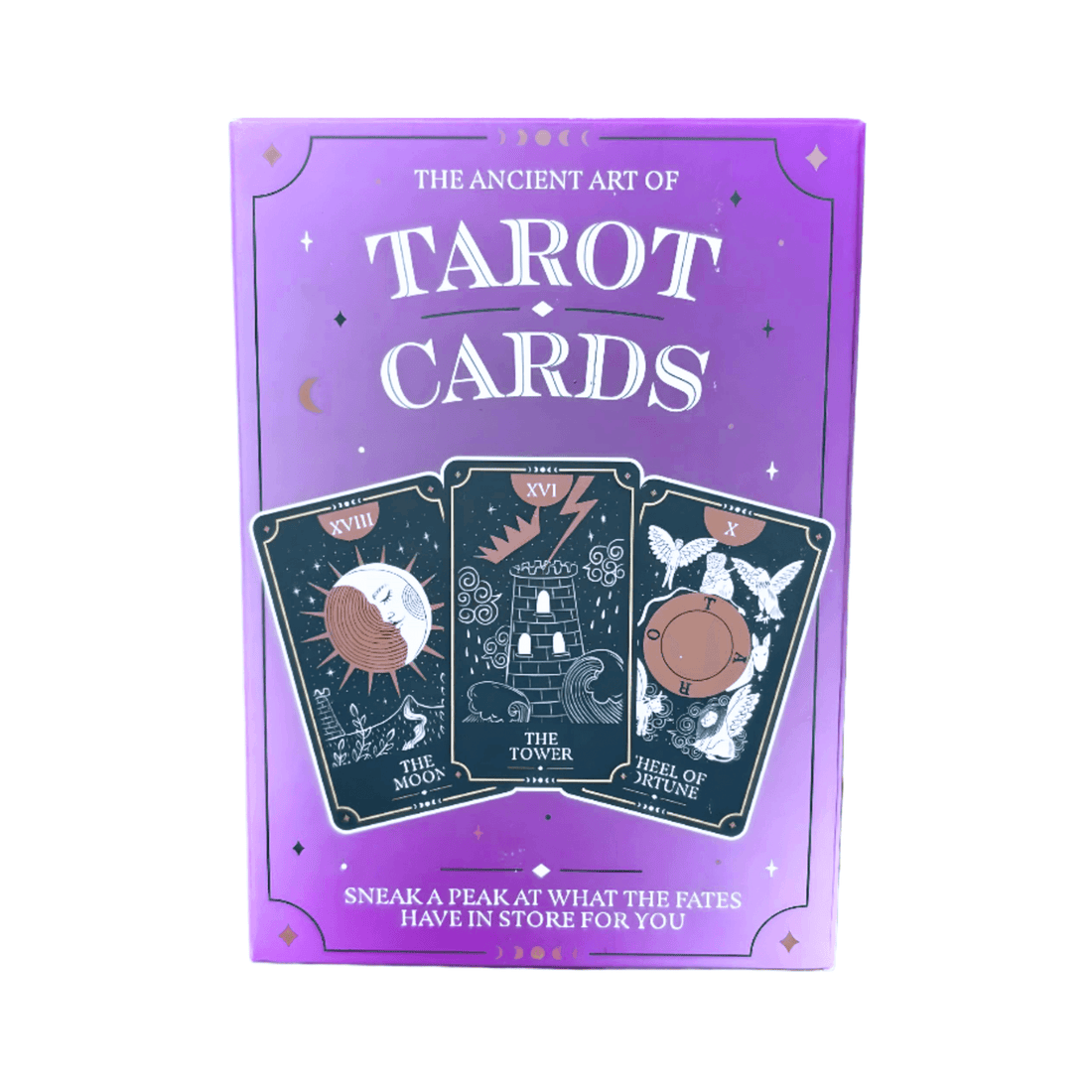 Ancient art tarot cards deck featuring The Moon, The Tower, and Wheel of Fortune, perfect for guidance and insight.