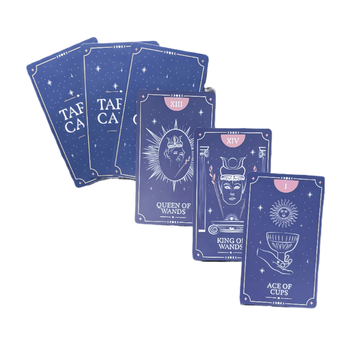 Mystical tarot cards from a 78-card deck featuring Queen of Wands, King of Wands, and Ace of Cups designs.