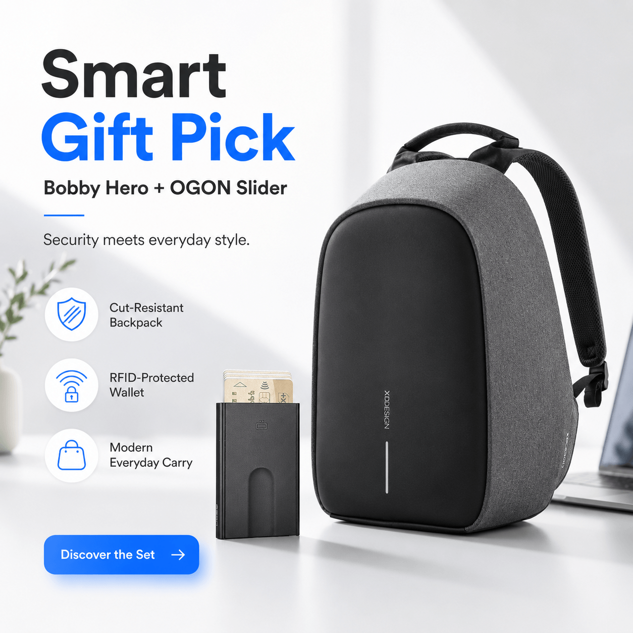 Anti-Theft Backpack and Aluminum Wallet Set featuring Bobby Hero and OGON Slider for secure everyday use.