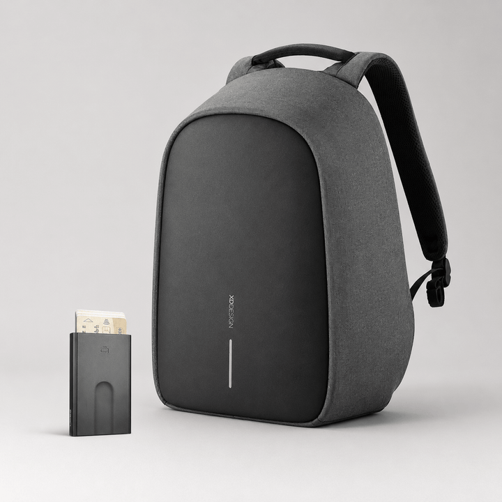 Anti-Theft Backpack and Aluminum Wallet Set featuring grey backpack and aluminum wallet