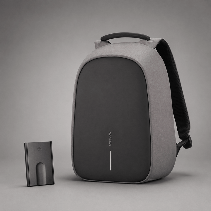 Anti-Theft Backpack and Aluminum Wallet Set featuring XD Design Bobby Hero Backpack and OGON Slider Wallet.