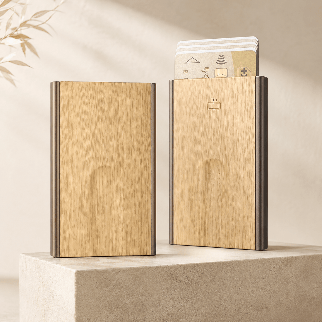 Anti-Theft Backpack and RFID Card Holder featuring an OGON Slider Card Holder in Bamboo on a beige background.