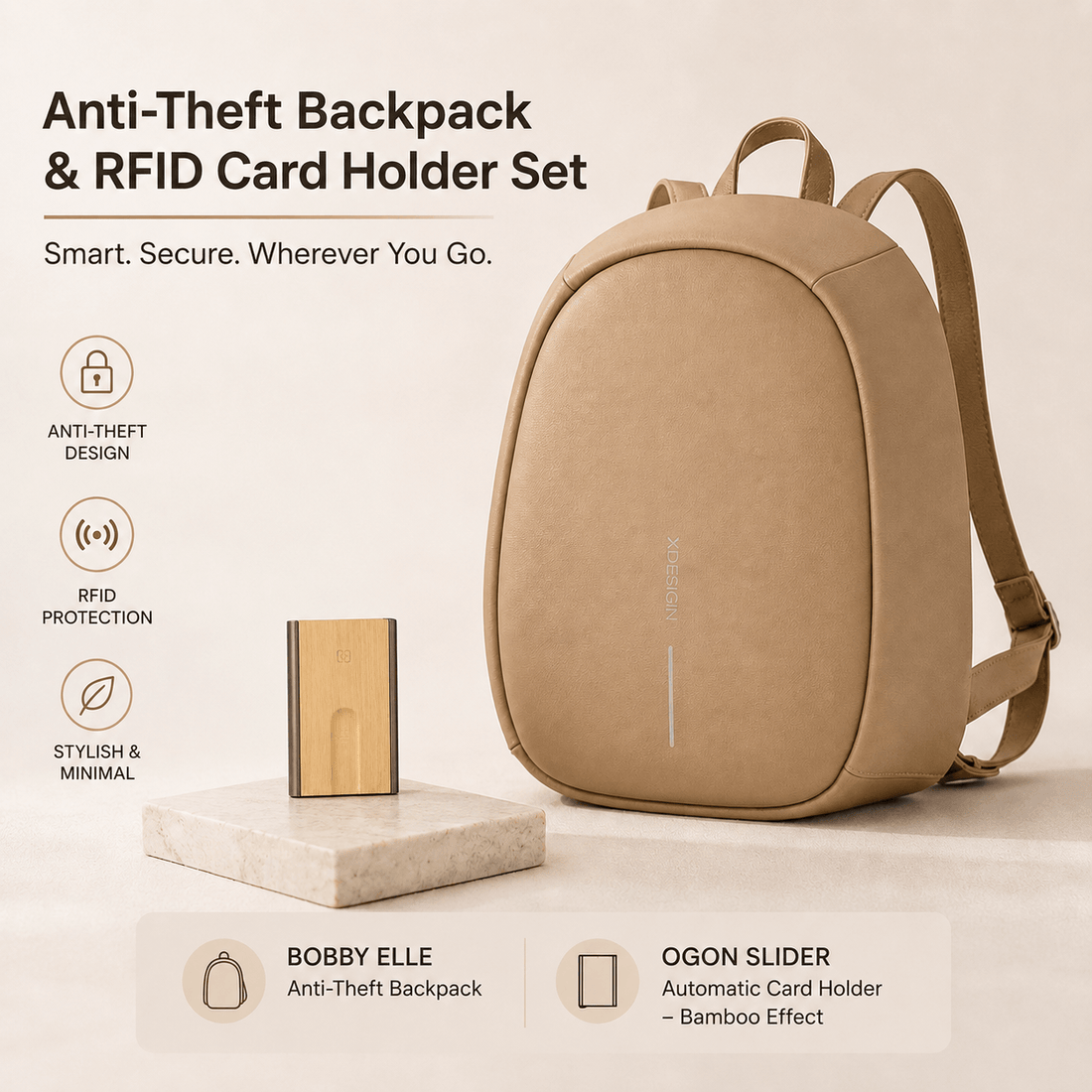 Anti-Theft Backpack and RFID Card Holder Set featuring stylish design for security and organization.