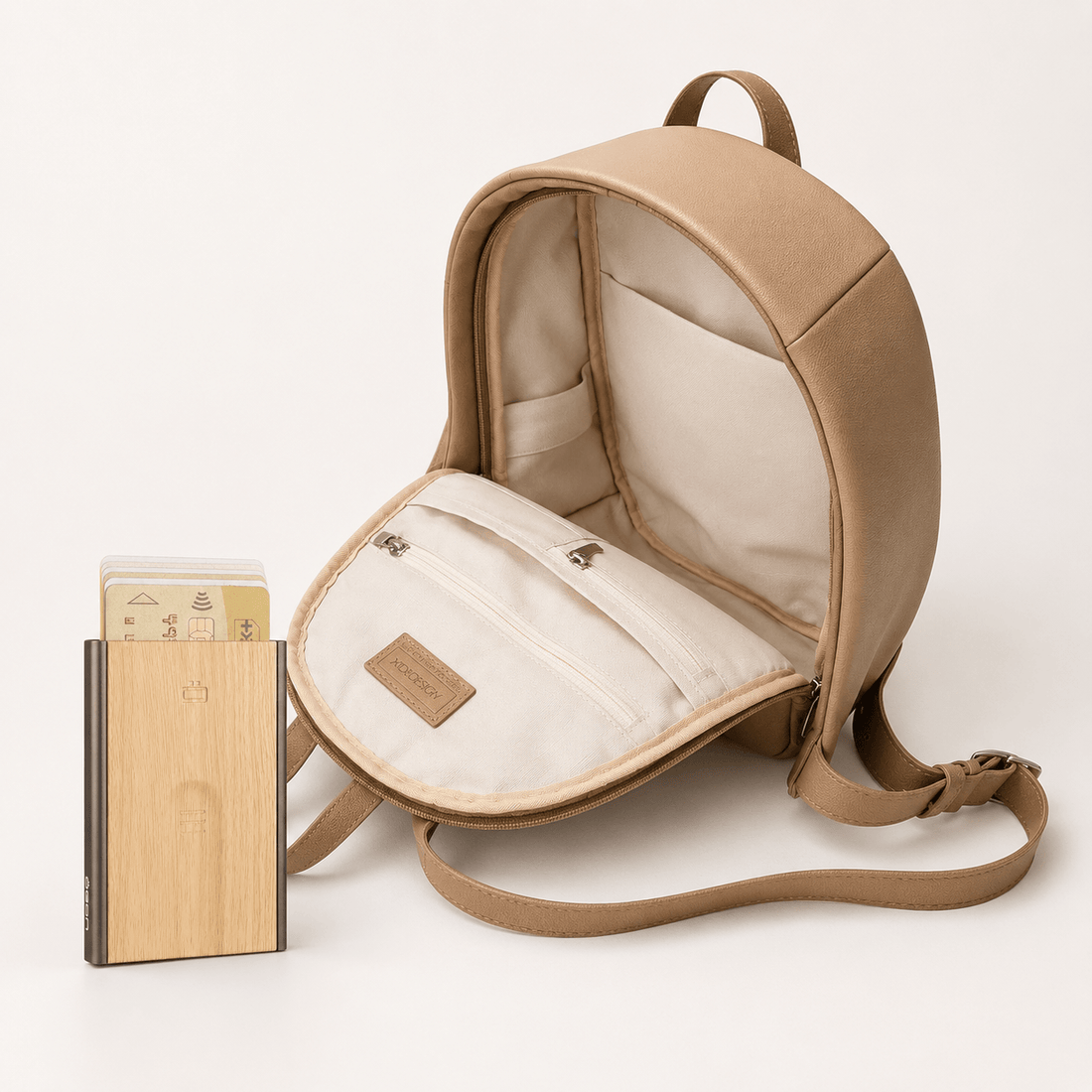 Anti-Theft Backpack and RFID Card Holder Set featuring a brown backpack and automatic card holder.