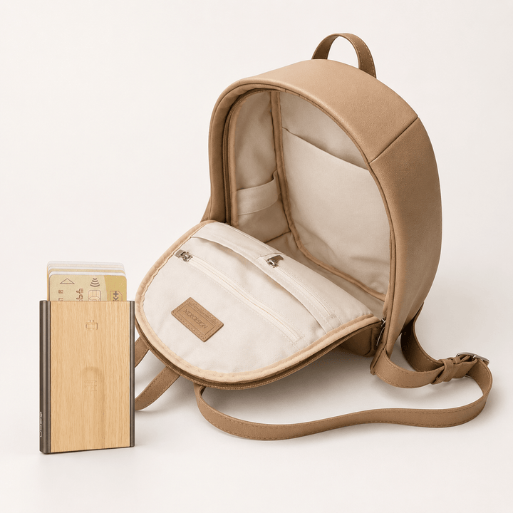 Anti-Theft Backpack and RFID Card Holder Set featuring a brown backpack and automatic card holder.