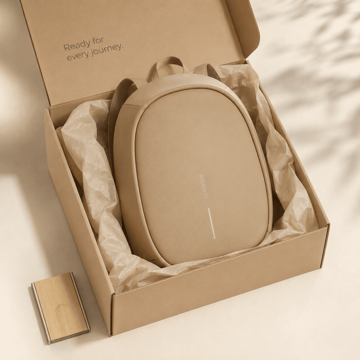 Anti-Theft Backpack and RFID Card Holder Set packaged in a box, highlighting its sleek design and travel-ready appeal.