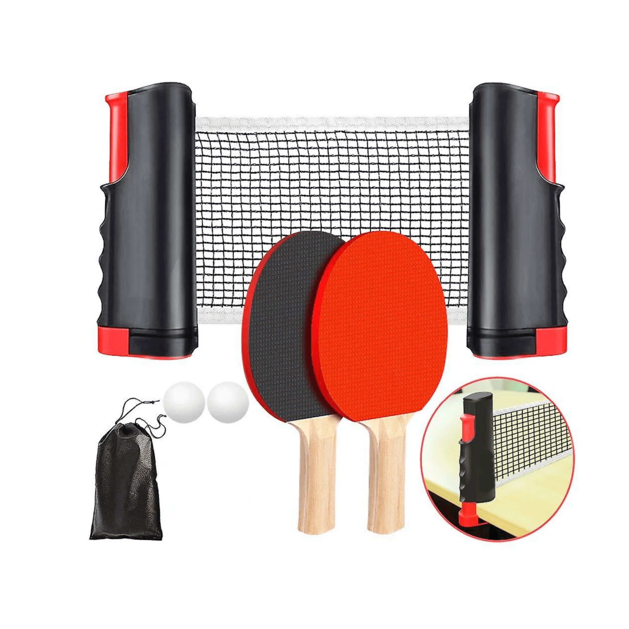 Retractable tabletop ping pong set with paddles, balls, and net for portable play anywhere.