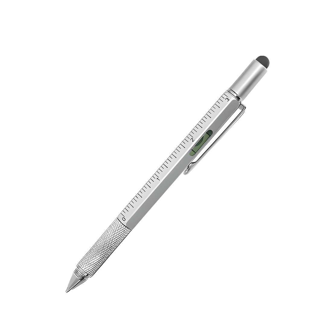 The Architect Multifunction Pen featuring a ruler, level, stylus, and screwdriver for versatile use.