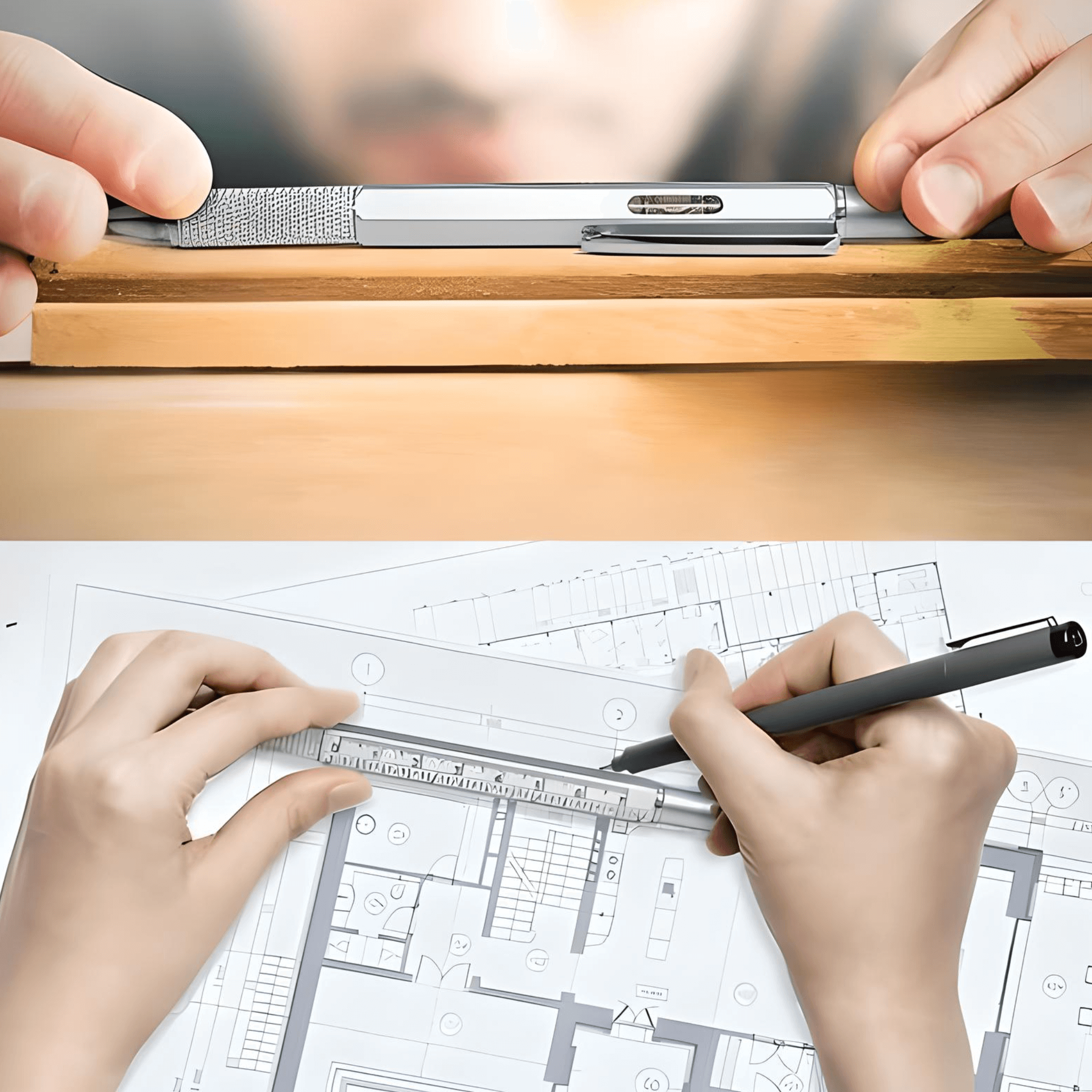 The Architect Multifunction Pen in use for measuring and drafting architectural plans.
