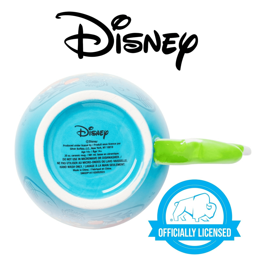 Blue mug with green handle featuring Disney logo and 'Officially Licensed' badge on a white background