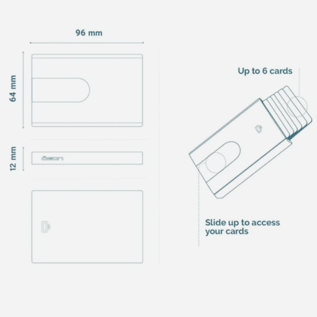 Dimensions and design of the Automatic Card Holder Bamboo Effect, showing its sliding card access feature.
