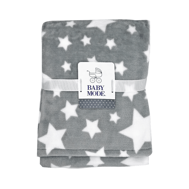 A folded gray baby blanket with a white star pattern, wrapped in a white ribbon with a white 'BABY MODE' brand tag, on a plain white background.