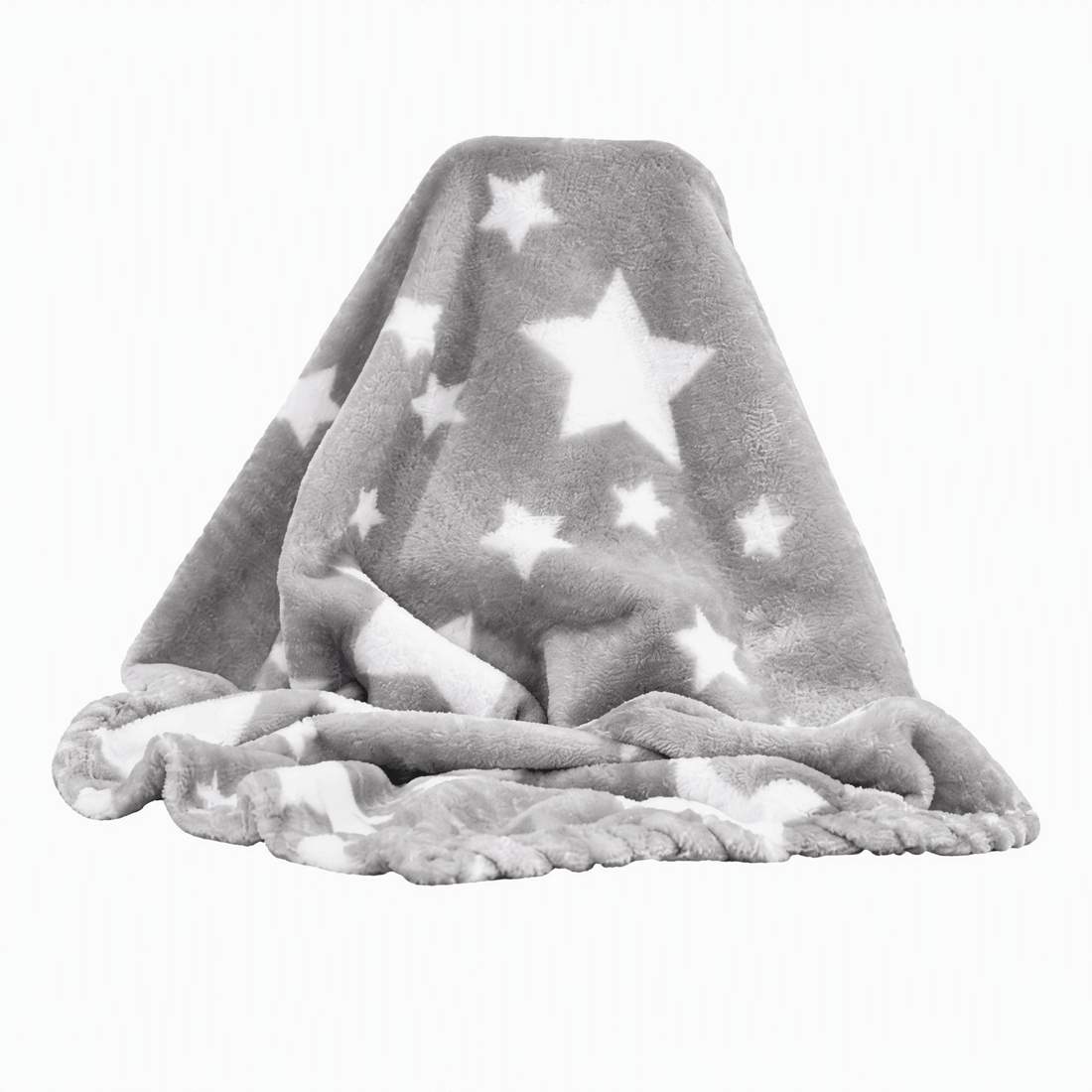 A plush gray blanket draped to show its texture, featuring a pattern of white stars of various sizes and a fringed edge, set against a plain white background.