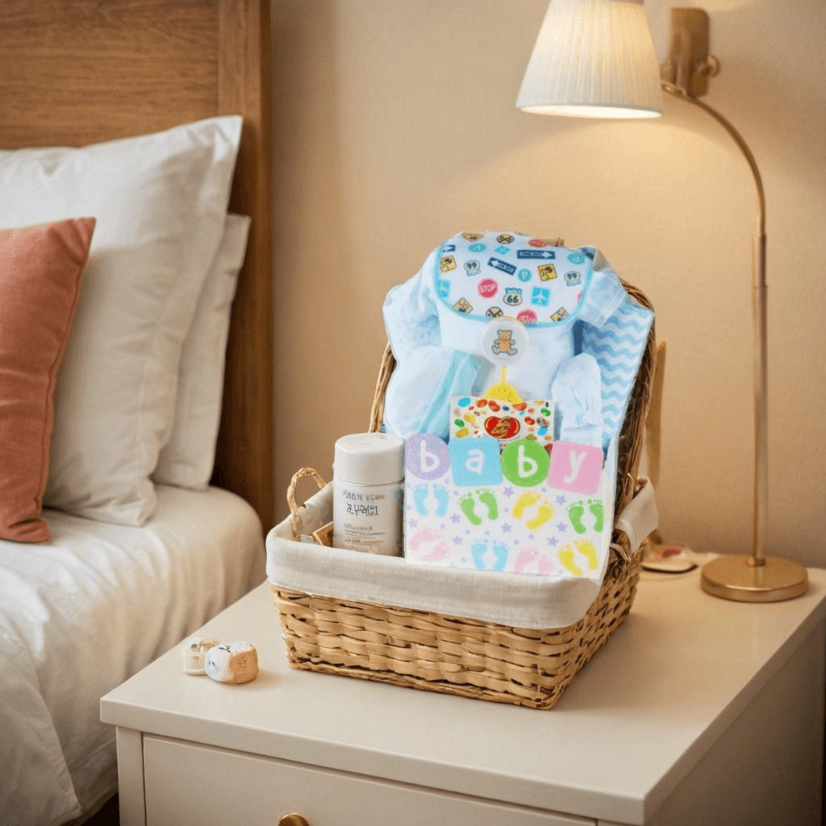 Baby Steps Gift Basket for Boys featuring a cozy layette, rattle toy, and cute baby-themed cards.