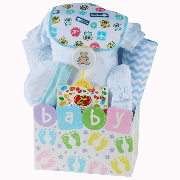 Baby Steps Gift Basket for Boys featuring clothing, a rattle, candy, and adorable baby items.