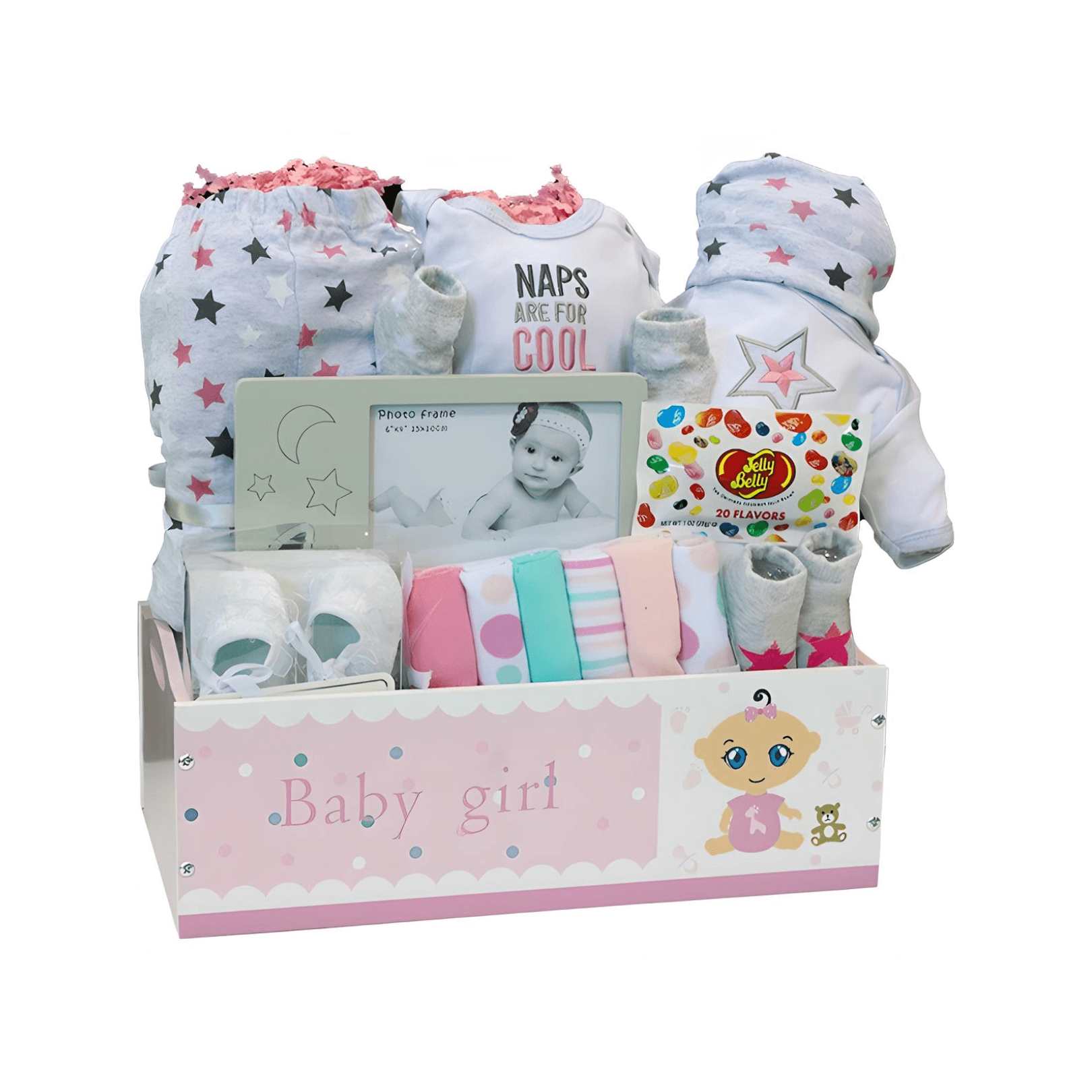 Baby Tray Gift Set for Girls featuring outfits, booties, a photo frame, and accessories for a newborn.