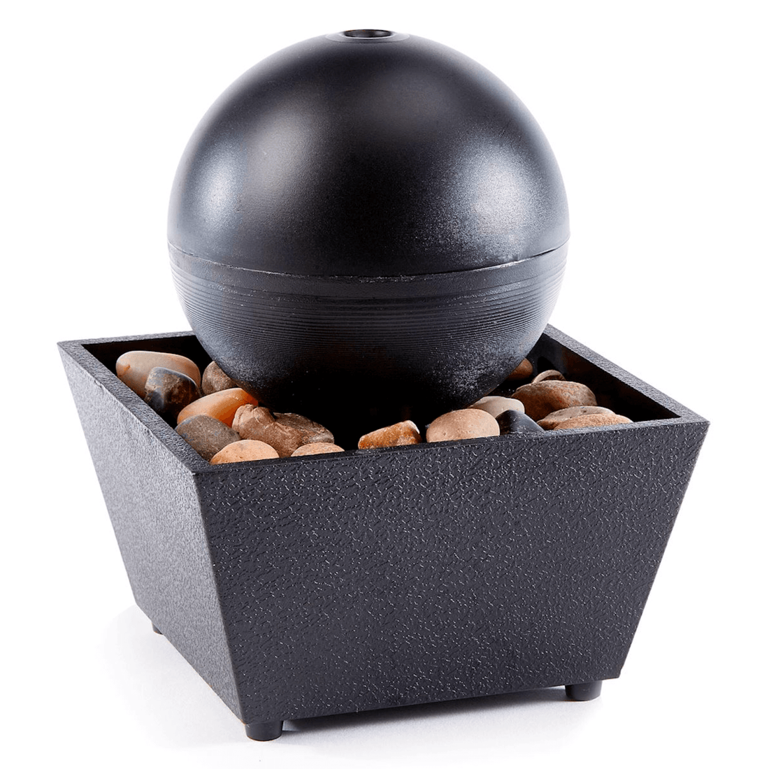 Ball table fountain with LED light, black orb centerpiece, and decorative rocks for indoor relaxation.