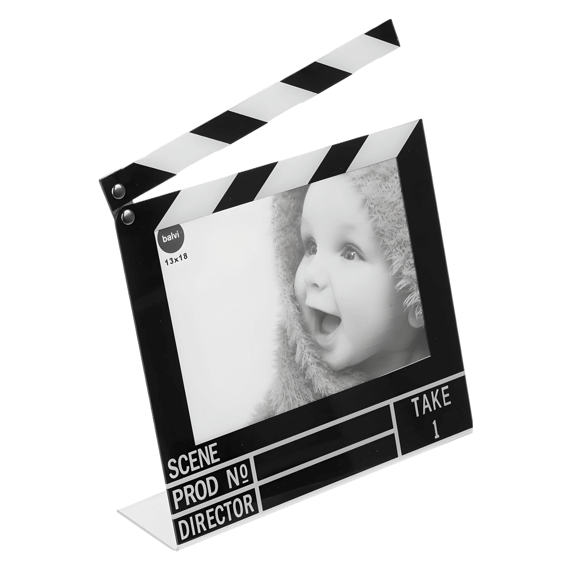 Balvi Movie Photo Frame 5x7 in clapboard design displaying a joyful child, perfect for movie lovers and filmmakers.