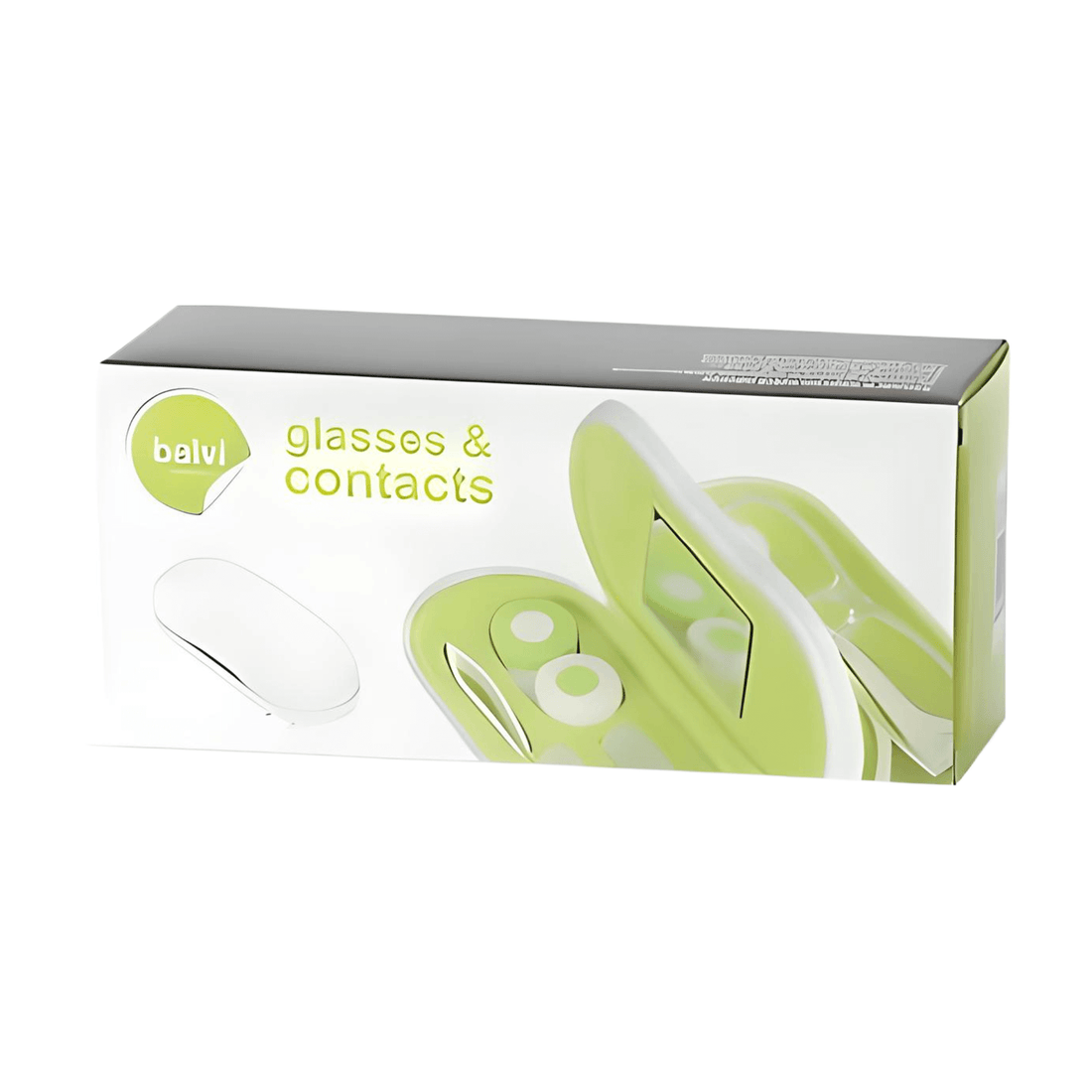Stylish green and white glasses and contact lens case packaging, perfect for travel and organization.
