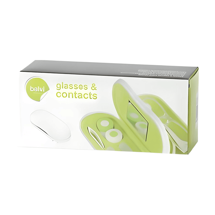 Stylish green and white glasses and contact lens case packaging, perfect for travel and organization.