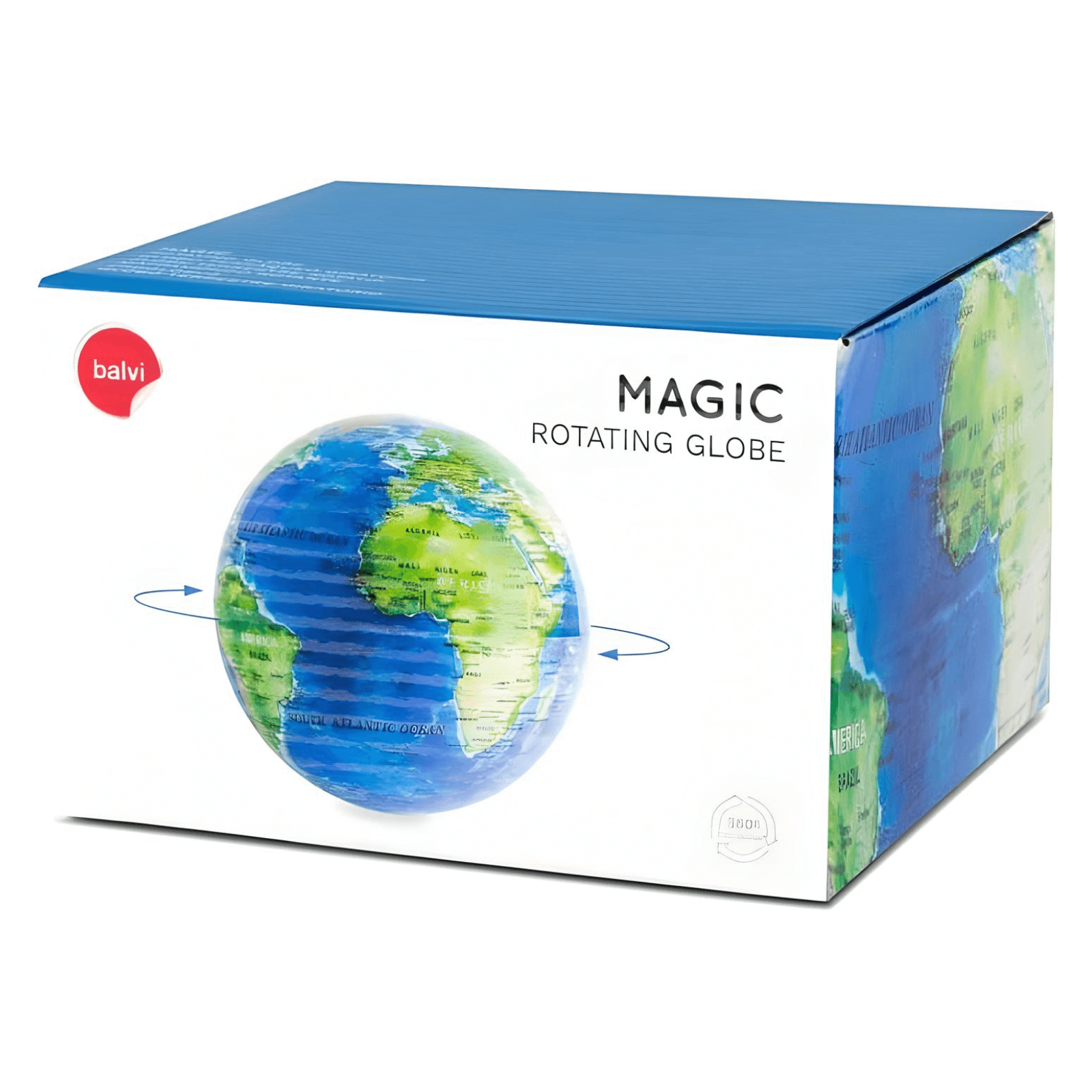 Balvi Magic Rotating Globe packaging with Earth design, ideal for elegant decor and interactive exploration.