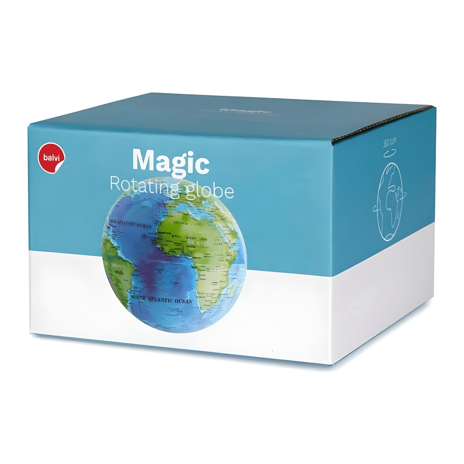 Balvi Magic Rotating Globe packaging, featuring a vibrant world map design in blue, ideal for decor and discovery.