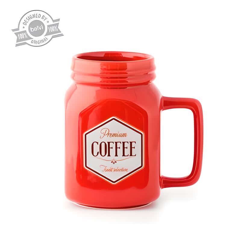 Balvi Mason Coffee Mug in red ceramic with handle and vintage-style coffee label