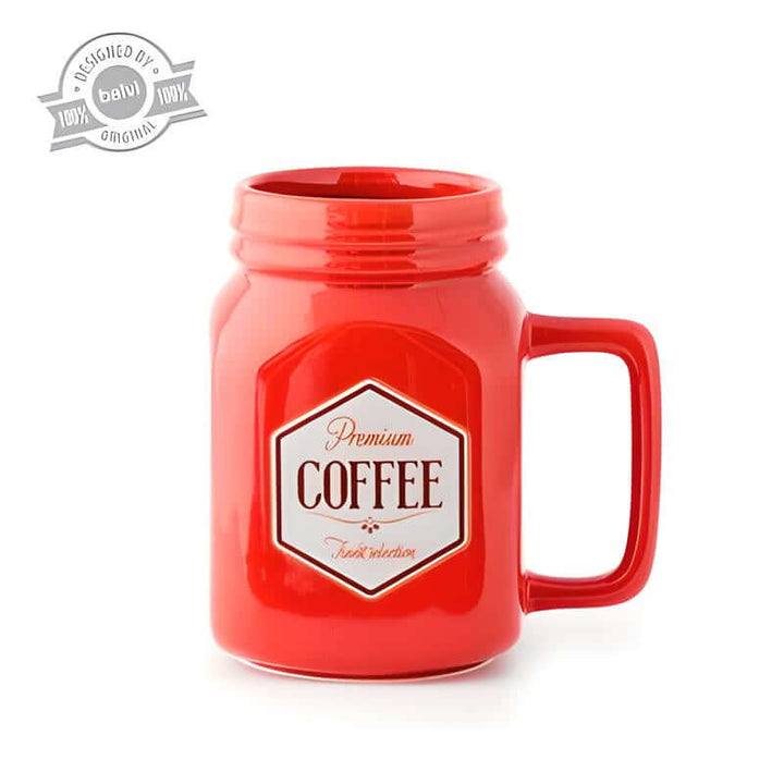 Balvi Mason Coffee Mug in red ceramic with handle and vintage-style coffee label