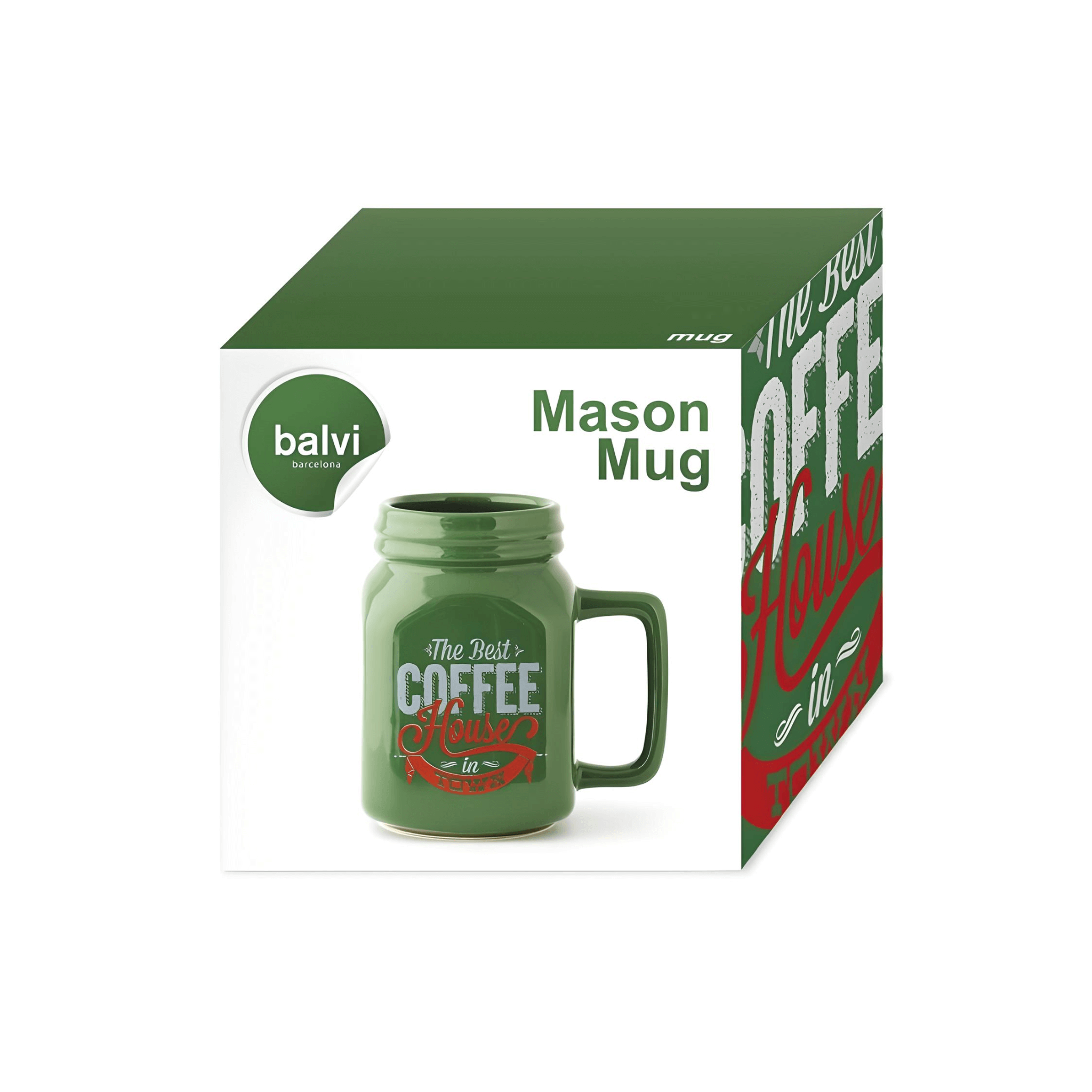 Balvi Mason Coffee Mug in green ceramic shown in original retail packaging with vintage coffee house design.