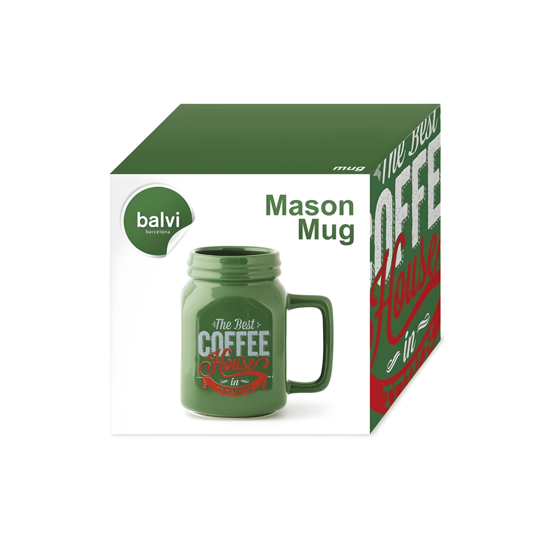 Balvi Mason Coffee Mug in green ceramic shown in original retail packaging with vintage coffee house design.