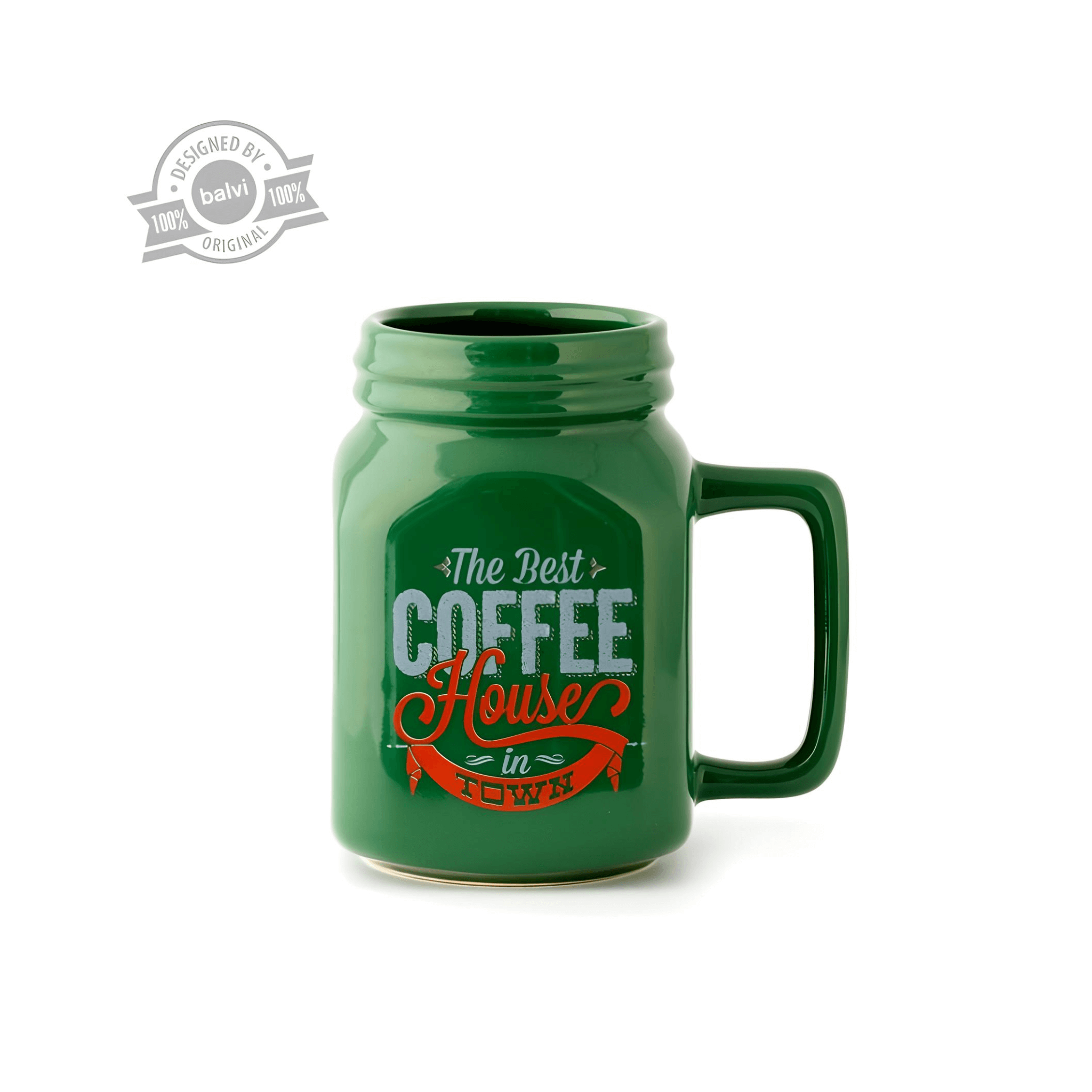 Balvi Mason Coffee Mug in green ceramic with handle and vintage “The Best Coffee House in Town” design