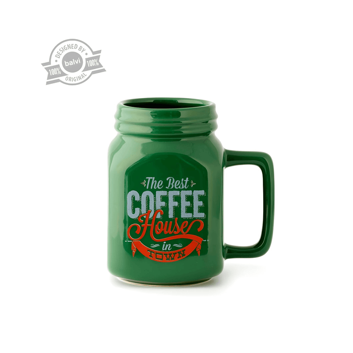 Balvi Mason Coffee Mug in green ceramic with handle and vintage “The Best Coffee House in Town” design