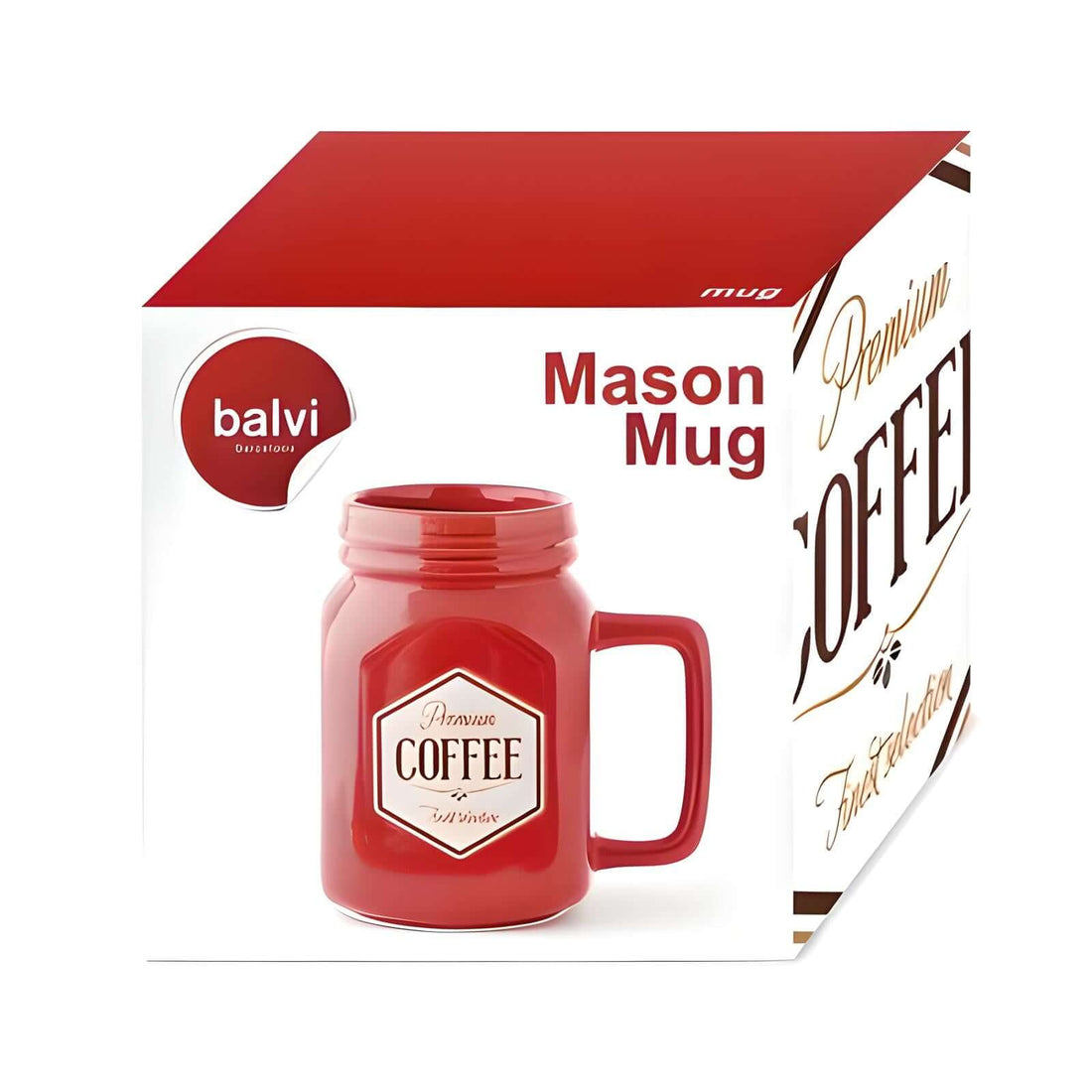 Balvi Mason Coffee Mug in red ceramic shown in original retail packaging with vintage premium coffee design