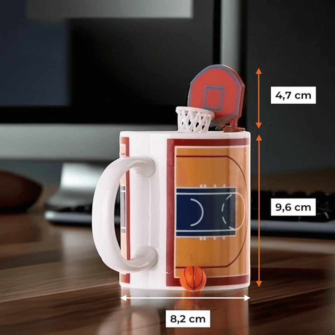 Basketball Mug with Hoop featuring a mini ball and hoop, perfect for drinks, fun sports-themed design.