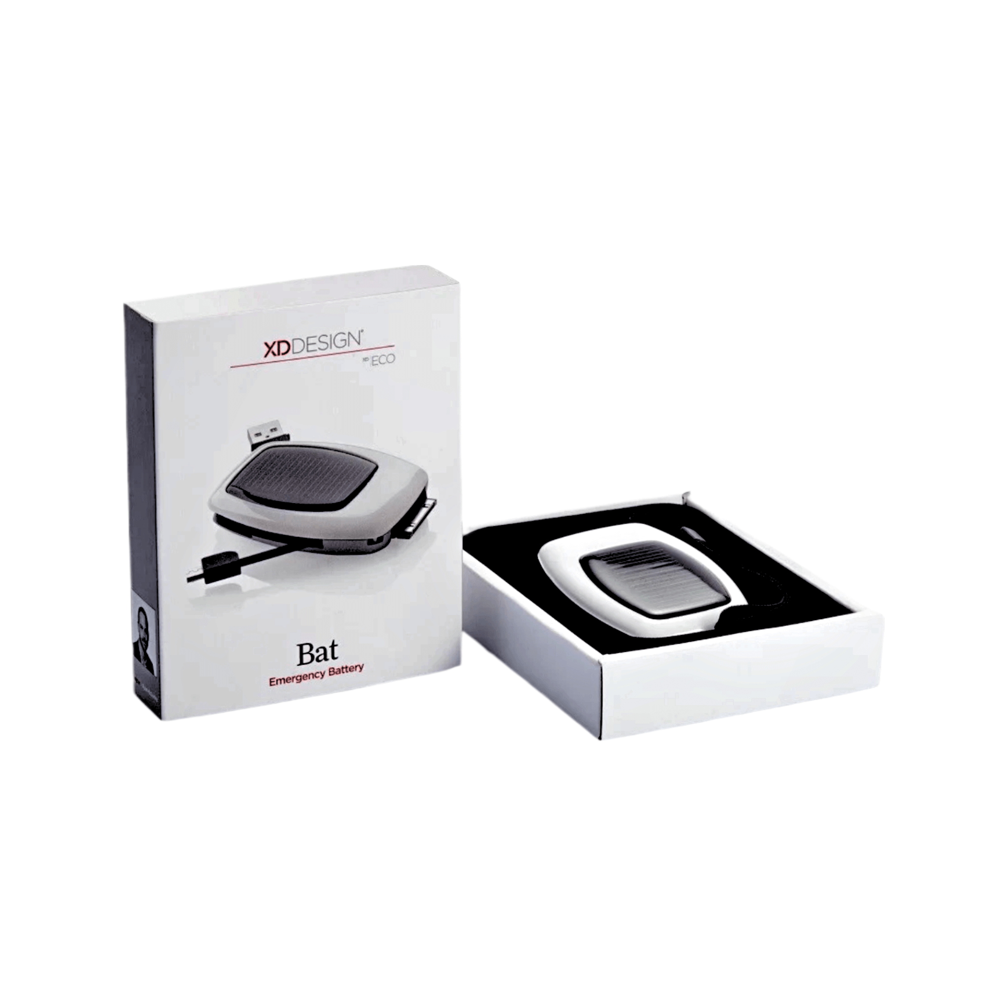 Bat Emergency Solar Charger in packaging with USB connections, showcasing solar panel capability and sleek design.