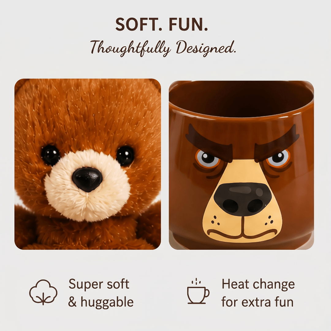 Bear Hugs and Cozy Sips Gift Set featuring a huggable bear and a playful heat change mug.