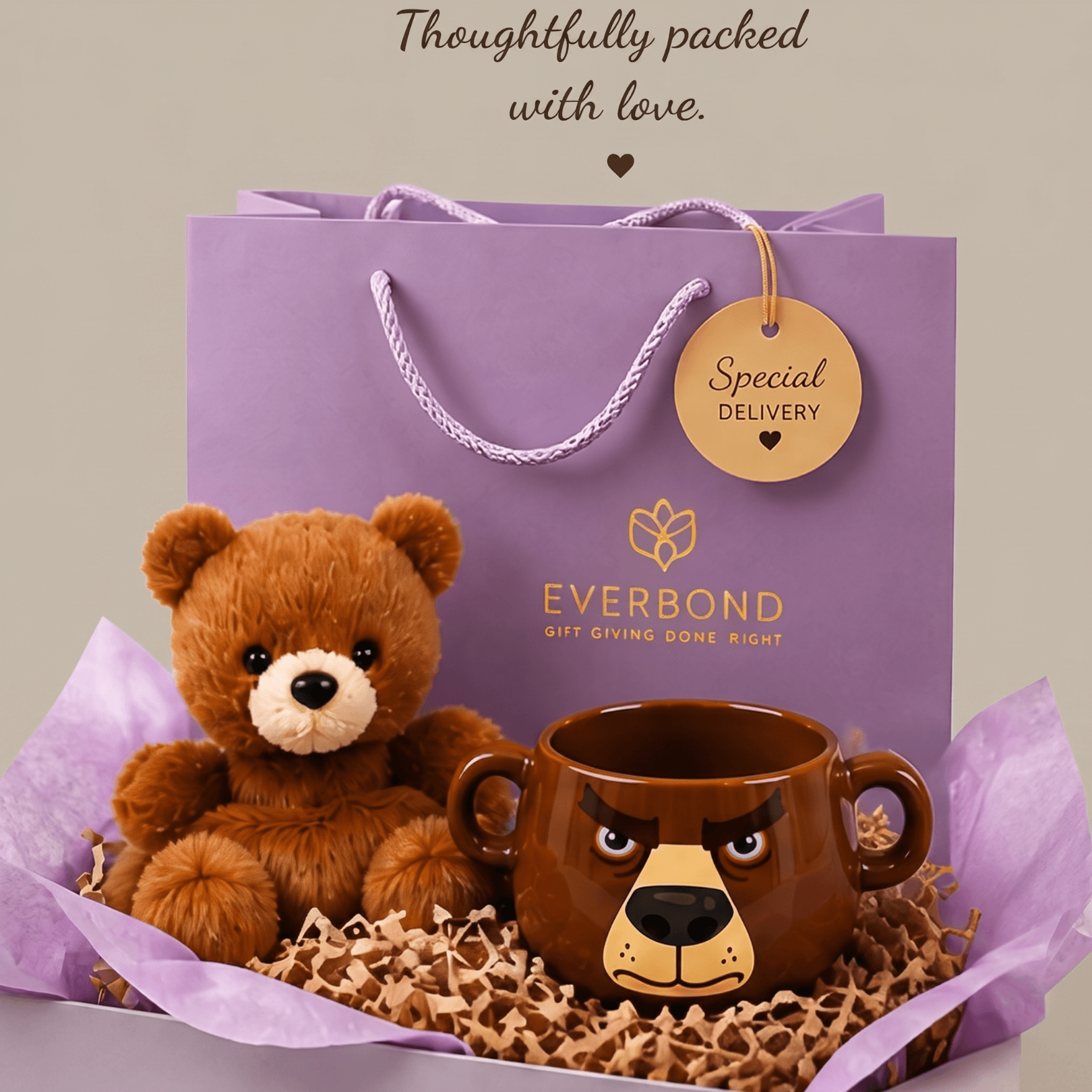 Bear Hugs and Cozy Sips Gift Set featuring a plush bear and bear mug in a gift bag.