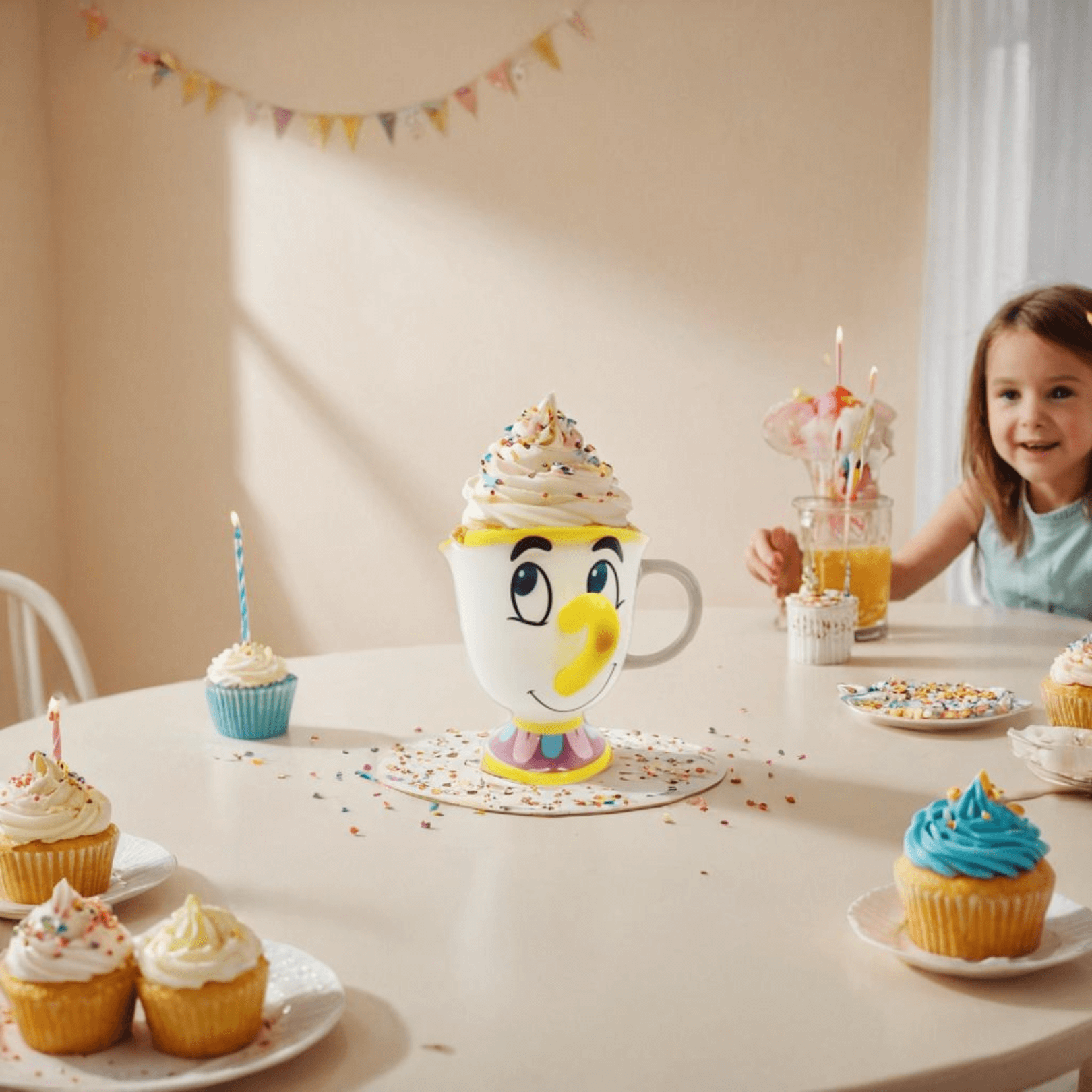 Child celebrating with Beauty & The Beast 3D shaped mug of Chip surrounded by cupcakes at a party.