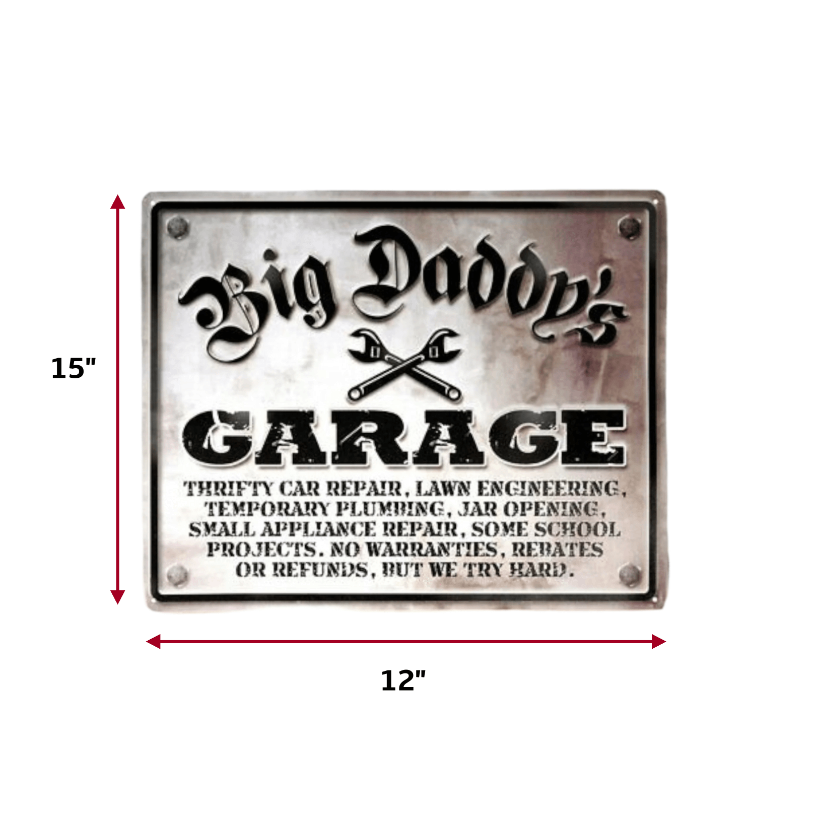 Big Daddy's Garage Metal Sign featuring humorous mechanic tools and DIY themes, 15" x 12" size.