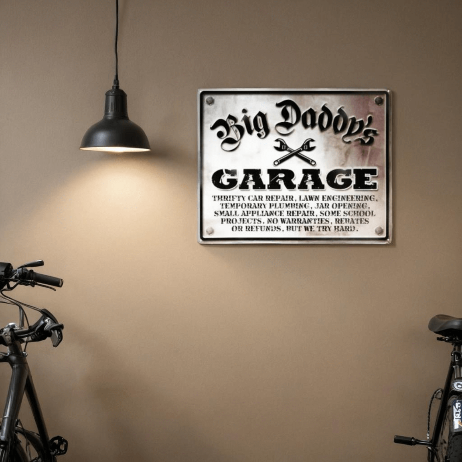 Big Daddy's Garage Metal Sign displayed on a wall with bikes, showcasing a humorous touch for DIY enthusiasts.