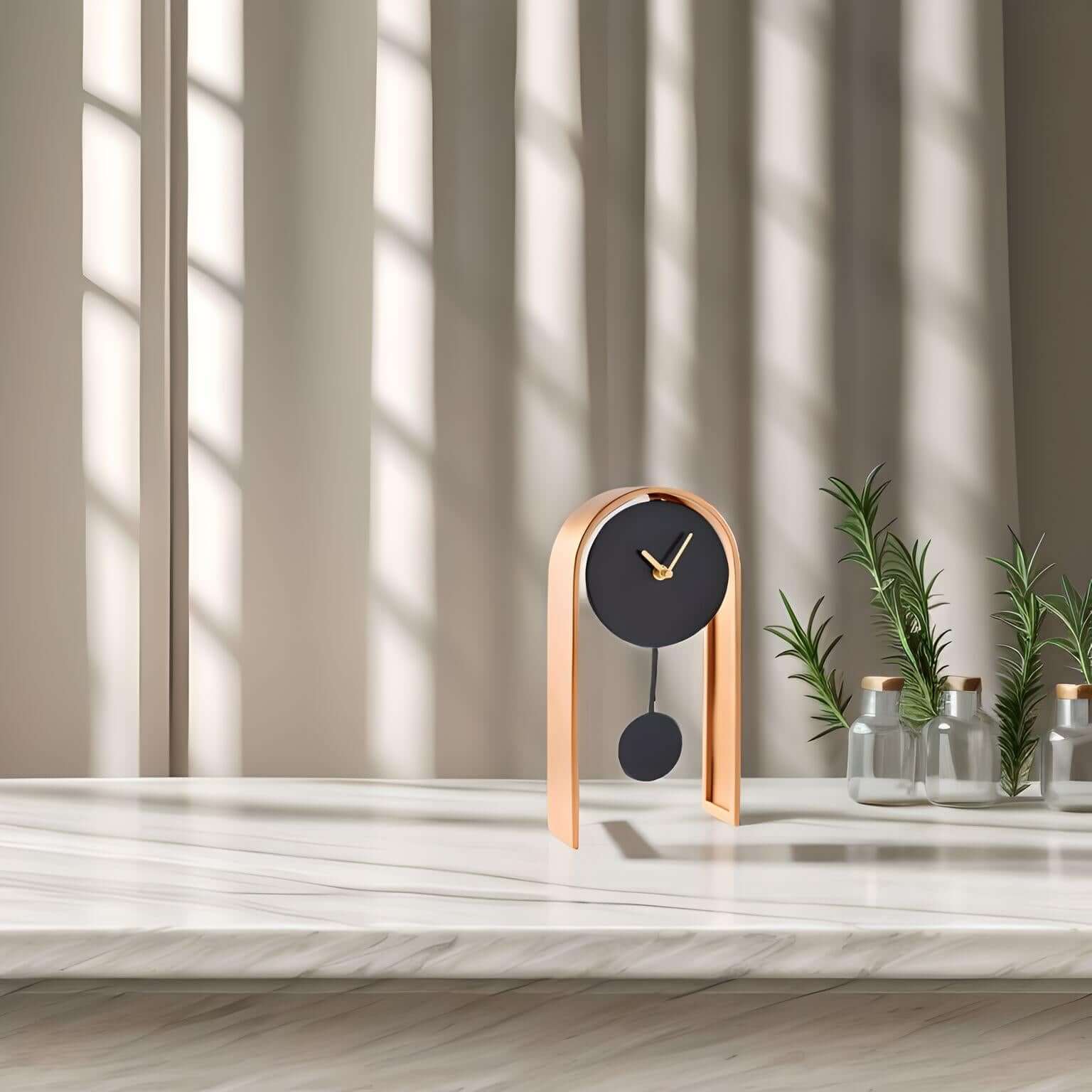 Black & Gold Table Clock showcasing modern design with a black face and gold frame, perfect for stylish decor.