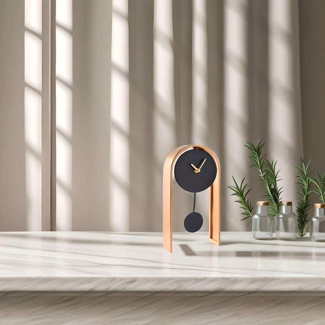Black & Gold Table Clock showcasing modern design with a black face and gold frame, perfect for stylish decor.