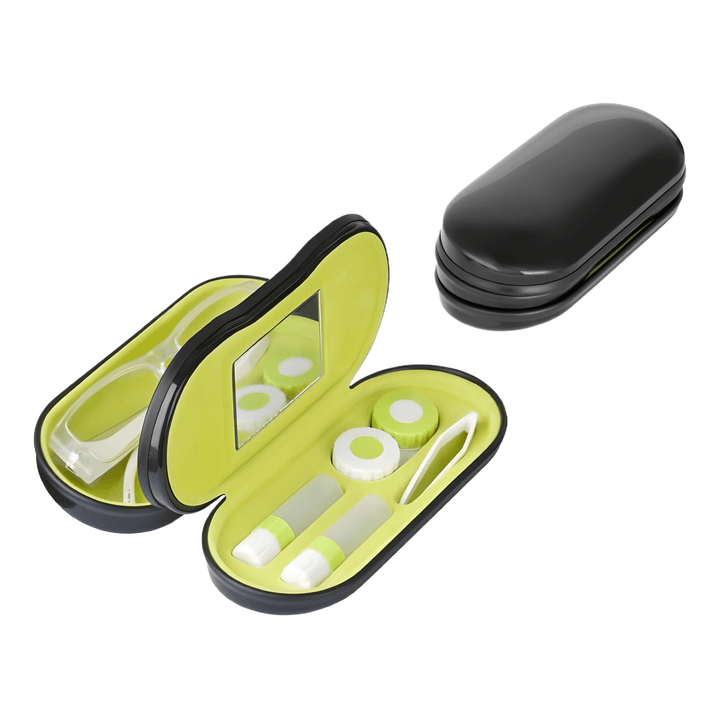 Black eyeglass and contact lens case with dual compartments for easy travel storage and lens care essentials.